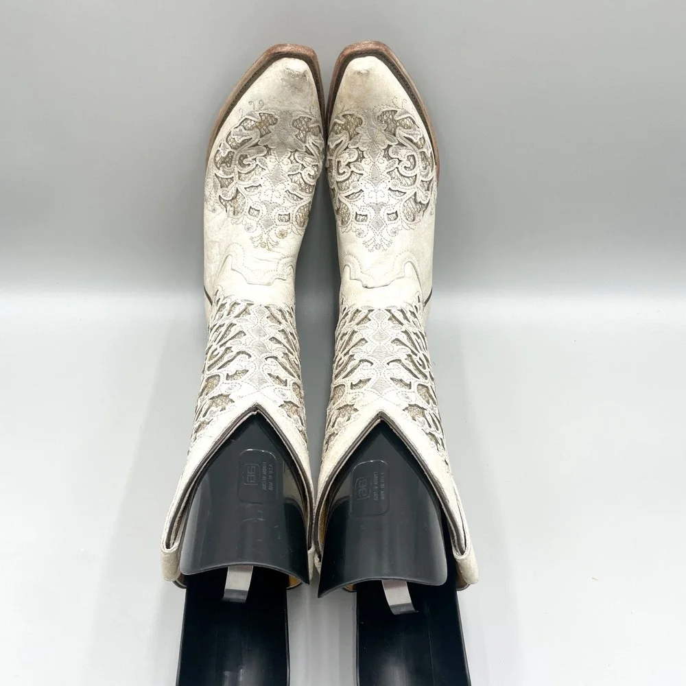 Corral Teens Size 4.5 White Distressed Glitter Inlay Western Boots Cowgirl Boho